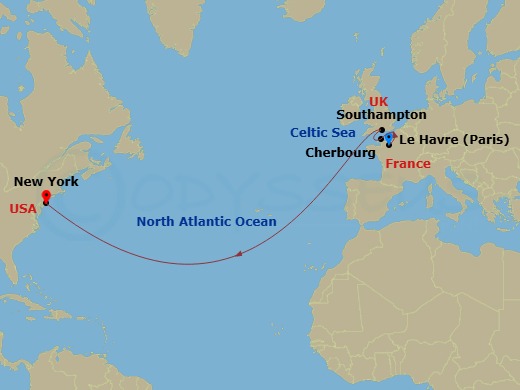 Queen Mary 2 - 9 Night - Westbound Transatlantic Crossing - Queen Mary 2 - Starting in Le Havre, France, Cherbourg, France, Southampton, England, UK, New York, NY itinerary map