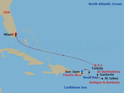 EXPLORA I - 7 Night - A Journey from San Juan to Miami - EXPLORA I - Starting in San Juan, Tortola / Road Town, St Johns AG, Antigua, Gustavia, Road Bay, Miami itinerary map