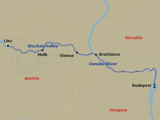 AmaBella - 7 Night - Best of the Danube (Festive Delights) - AmaBella - Starting in Budapest, Bratislava, Wachau Valley, Melk, Linz, Wachau Valley, Vienna, Budapest itinerary map