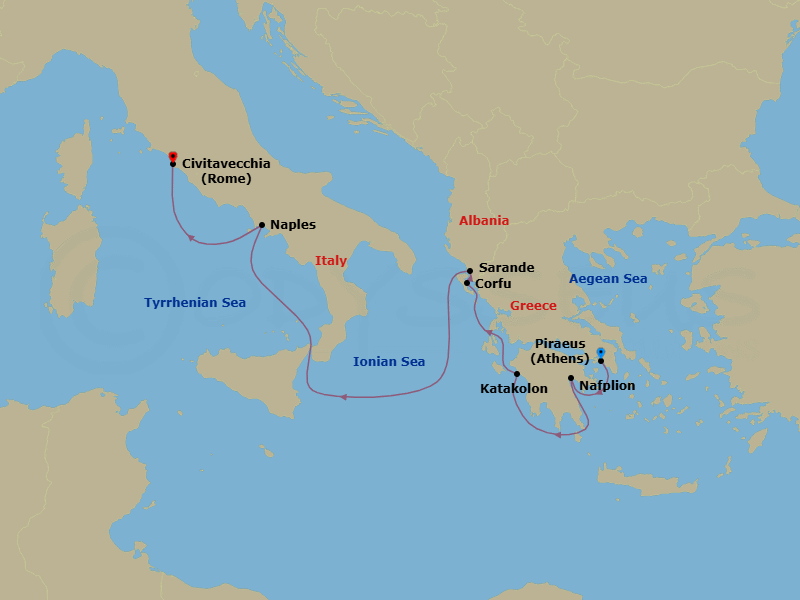 7 Night - Grecian & Roman Gems - Seabourn Quest - Starting in Piraeus (Athens), Greece, Nafplion, Greece, Katakolon (Olympia), Greece, Corfu, Greece, Sarande, Albania, Naples (Pompeii / Amalfi), Italy, Civitavecchia (Rome), Italy itinerary map