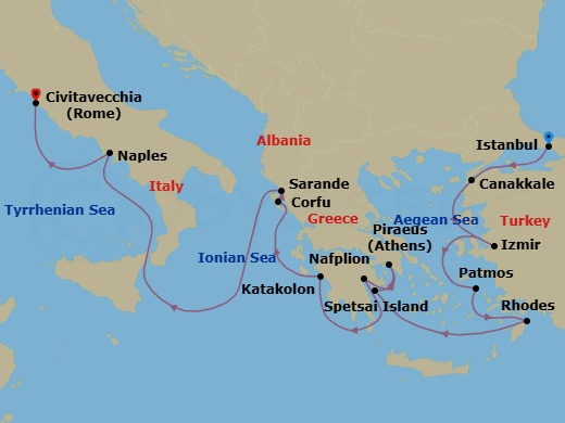 14 Night - Turkey, Greece & Roman Gems - Seabourn Quest - Starting in Istanbul, Turkey, Canakkale, Turkey, Izmir, Turkey, Patmos, Greece, Rhodes, Greece, Spetses, Greece, Piraeus (Athens), Greece, Nafplion, Greece, Katakolon (Olympia), Greece, Corfu, Greece, Sarande, Albania, Naples (Pompeii / Amalfi), Italy, Civitavecchia (Rome), Italy itinerary map