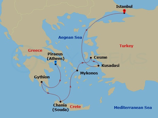 Seabourn Quest - 7 Night - Greek Isles & Ephesus - Seabourn Quest - Starting in Piraeus (Athens), Greece, Gythion (Sparta), Greece, Chania, Crete, Greece, Mykonos, Greece, Ces.. itinerary map
