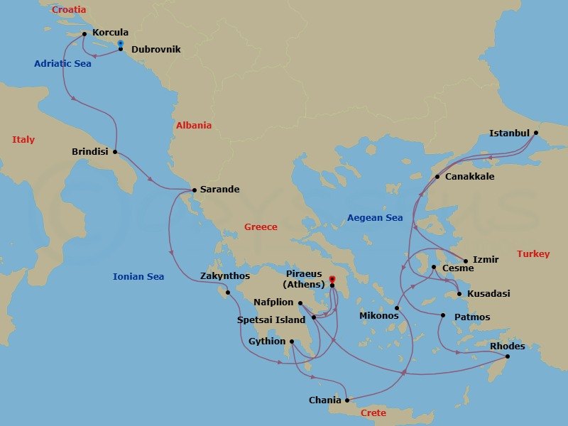 21 Night - Greek Isles, Dalmatian Delights & Ephesus - Seabourn Quest - Starting in Dubrovnik, Croatia, Korcula, Croatia, Brindisi (Lecce), Italy, Sarande, Albania, Zakinthos, Greece, Nafplion, Greece, Piraeus (Athens), Greece, Gythion (Sparta), Greece, Chania, Crete, Greece, Mykonos, Greece, Cesme, Turkey, Kusadasi (Ephesus), Turkey, Istanbul, Turkey, Canakkale, Turkey, Izmir, Turkey, Patmos, Greece, Rhodes, Greece, Spetses, Greece, Piraeus (Athens), Greece itinerary map