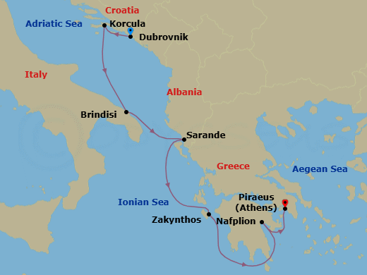 7 Night - Greece & Dalmatian Delights - Seabourn Quest - Starting in Dubrovnik, Croatia, Korcula, Croatia, Brindisi (Lecce), Italy, Sarande, Albania, Zakinthos, Greece, Nafplion, Greece, Piraeus (Athens), Greece itinerary map