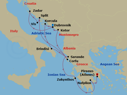 14 Night - Grecian Gems & Dalmatian Delights - Seabourn Quest - Starting in Dubrovnik, Croatia, Kotor, Montenegro, Corfu, Greece, Split, Croatia, Vis Island, Croatia, Zadar, Croatia, Dubrovnik, Croatia, Korcula, Croatia, Brindisi (Lecce), Italy, Sarande, Albania, Zakinthos, Greece, Nafplion, Greece, Piraeus (Athens), Greece itinerary map