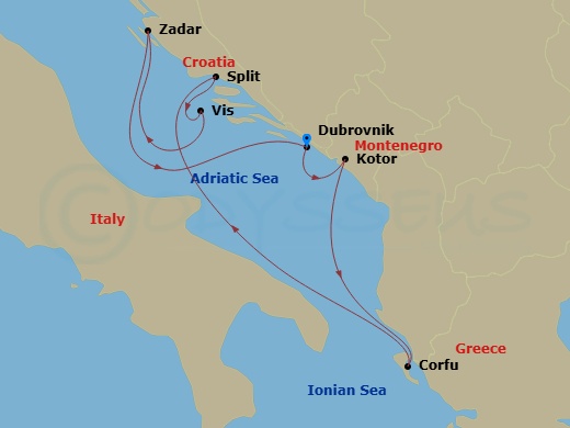 Seabourn Quest - 7 Night - Jewels of the Dalmatian Coast - Seabourn Quest - Starting in Dubrovnik, Croatia, Kotor, Montenegro, Corfu, Greece, Split, Croatia, Vis Island, Croat.. itinerary map