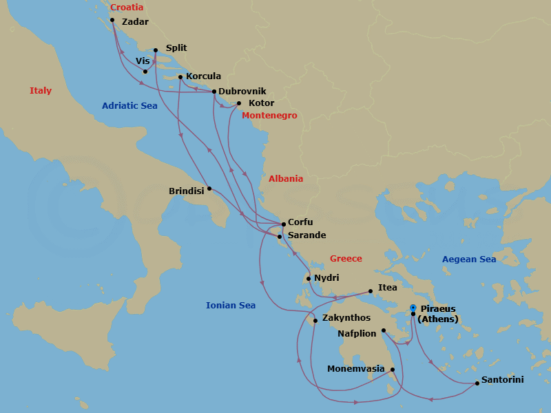 21 Night - Grecian Gems & Dalmatian Coast - Seabourn Quest - Starting in Piraeus (Athens), Greece, Santorini, Greece, Monemvasia, Greece, Itea (Delphi), Greece, Nydri, Lefkada, Greece, Sarande, Albania, Dubrovnik, Croatia, Kotor, Montenegro, Corfu, Greece, Split, Croatia, Vis Island, Croatia, Zadar, Croatia, Dubrovnik, Croatia, Korcula, Croatia, Brindisi (Lecce), Italy, Sarande, Albania, Zakinthos, Greece, Nafplion, Greece, Piraeus (Athens), Greece itinerary map