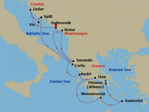 14 Night - Grecian Gems & Dalmatian Delights - Seabourn Quest - Starting in Piraeus (Athens), Greece, Santorini, Greece, Monemvasia, Greece, Itea (Delphi), Greece, Nydri, Lefkada, Greece, Sarande, Albania, Dubrovnik, Croatia, Kotor, Montenegro, Corfu, Greece, Split, Croatia, Vis Island, Croatia, Zadar, Croatia, Dubrovnik, Croatia itinerary map