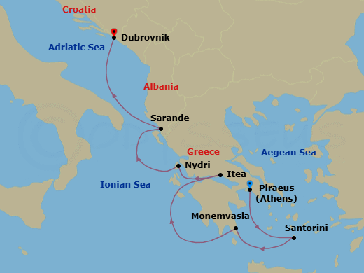 7 Night - Greece & Dalmatian Delights - Seabourn Quest - Starting in Piraeus (Athens), Greece, Santorini, Greece, Monemvasia, Greece, Itea (Delphi), Greece, Nydri, Lefkada, Greece, Sarande, Albania, Dubrovnik, Croatia itinerary map