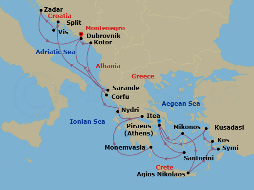 21 Night - Grecian Gems, Ephesus & Dalmatian Delights - Seabourn Quest - Starting in Piraeus (Athens), Greece, Mykonos, Greece, Agios Nikolaos, Crete, Greece, Symi, Greece, Kos, Greece, Kusadasi (Ephesus), Turkey, Piraeus (Athens), Greece, Santorini, Greece, Monemvasia, Greece, Itea (Delphi), Greece, Nydri, Lefkada, Greece, Sarande, Albania, Dubrovnik, Croatia, Kotor, Montenegro, Corfu, Greece, Split, Croatia, Vis Island, Croatia, Zadar, Croatia, Dubrovnik, Croatia itinerary map