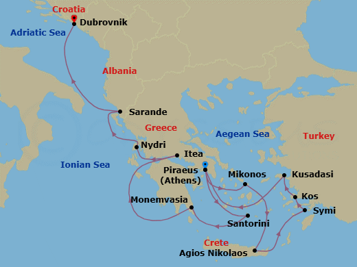 14 Night - Grecian Gems, Ephesus & Dalmatian Delights - Seabourn Quest - Starting in Piraeus (Athens), Greece, Mykonos, Greece, Agios Nikolaos, Crete, Greece, Symi, Greece, Kos, Greece, Kusadasi (Ephesus), Turkey, Piraeus (Athens), Greece, Santorini, Greece, Monemvasia, Greece, Itea (Delphi), Greece, Nydri, Lefkada, Greece, Sarande, Albania, Dubrovnik, Croatia itinerary map