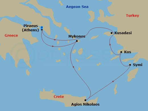 Seabourn Quest - 7 Night - Ephesus & Greek Island Gems - Seabourn Quest - Starting in Piraeus (Athens), Greece, Mykonos, Greece, Agios Nikolaos, Crete, Greece, Symi, Greece, K.. itinerary map