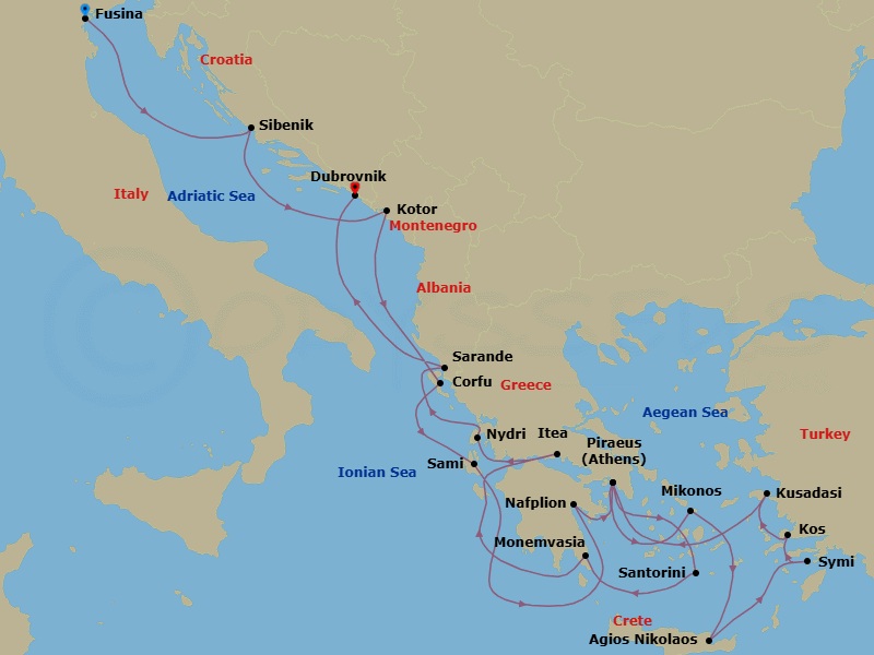 21 Night - Ephesus, Adriatic, Grecian Gems & Dalmation Delights - Seabourn Quest - Starting in Fusina (Venice), Italy, Vodice (Sibenik), Croatia, Kotor, Montenegro, Scenic cruising Bay of Kotor, Corfu, Greece, Sami, Cephalonia, Greece, Nafplion, Greece, Piraeus (Athens), Greece, Mykonos, Greece, Agios Nikolaos, Crete, Greece, Symi, Greece, Kos, Greece, Kusadasi (Ephesus), Turkey, Piraeus (Athens), Greece, Santorini, Greece, Monemvasia, Greece, Itea (Delphi), Greece, Nydri, Lefkada, Greece, Sarande, Albania, Dubrovnik, Croatia itinerary map