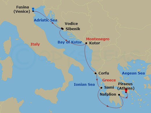 Seabourn Quest - 7 Night - Adriatic & Grecian Gems - Seabourn Quest - Starting in Fusina (Venice), Italy, Vodice (Sibenik), Croatia, Kotor, Montenegro, Scenic cruising Bay of.. itinerary map