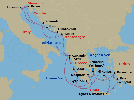 21 Night - Adriatic, Ephesus & Grecian Gems - Seabourn Quest - Starting in Piraeus (Athens), Greece, Gythion (Sparta), Greece, Sarande, Albania, Dubrovnik, Croatia, Hvar, Croatia, Piran, Slovenia, Fusina (Venice), Italy, Vodice (Sibenik), Croatia, Kotor, Montenegro, Scenic cruising Bay of Kotor, Corfu, Greece, Sami, Cephalonia, Greece, Nafplion, Greece, Piraeus (Athens), Greece, Mykonos, Greece, Agios Nikolaos, Crete, Greece, Symi, Greece, Kos, Greece, Kusadasi (Ephesus), Turkey, Piraeus (Athens), Greece itinerary map