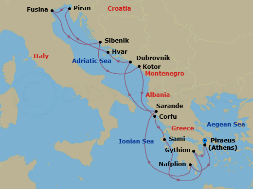 14 Night - Adriatic & Grecian Gems - Seabourn Quest - Starting in Piraeus (Athens), Greece, Gythion (Sparta), Greece, Sarande, Albania, Dubrovnik, Croatia, Hvar, Croatia, Piran, Slovenia, Fusina (Venice), Italy, Vodice (Sibenik), Croatia, Kotor, Montenegro, Scenic cruising Bay of Kotor, Corfu, Greece, Sami, Cephalonia, Greece, Nafplion, Greece, Piraeus (Athens), Greece itinerary map