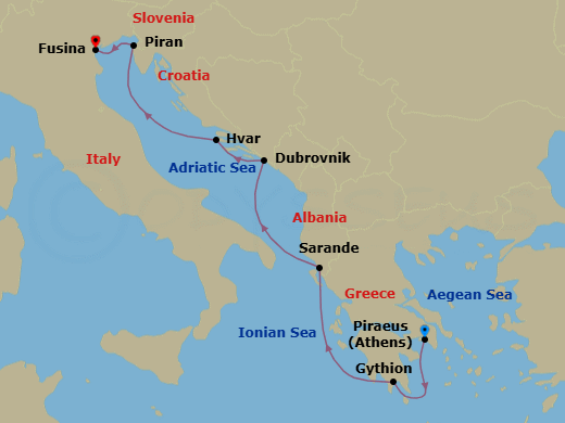 7 Night - Adriatic & Grecian Gems - Seabourn Quest - Starting in Piraeus (Athens), Greece, Gythion (Sparta), Greece, Sarande, Albania, Dubrovnik, Croatia, Hvar, Croatia, Piran, Slovenia, Fusina (Venice), Italy itinerary map