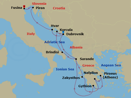 14 Night - Grecian Gems, Adriatic & Dalmatian Delights - Seabourn Quest - Starting in Dubrovnik, Croatia, Korcula, Croatia, Brindisi (Lecce), Italy, Sarande, Albania, Zakinthos, Greece, Nafplion, Greece, Piraeus (Athens), Greece, Gythion (Sparta), Greece, Sarande, Albania, Dubrovnik, Croatia, Hvar, Croatia, Piran, Slovenia, Fusina (Venice), Italy itinerary map
