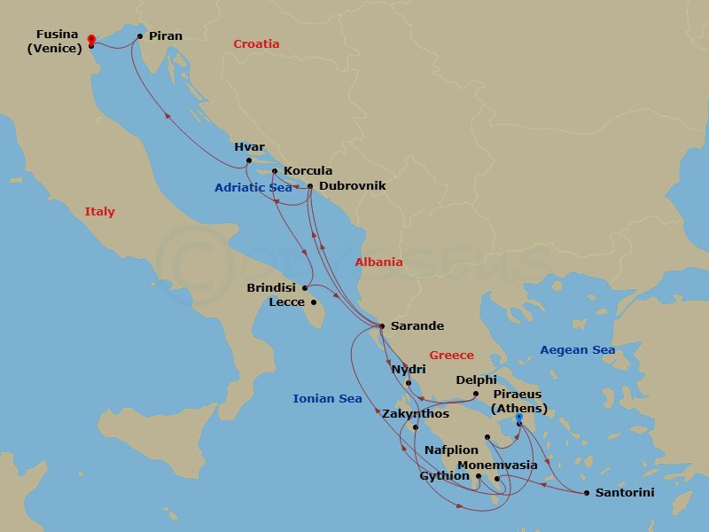 Seabourn Quest - 21 Night - Adriatic Coasts, Grecian Gems & Dalmatian Delights - Seabourn Quest - Starting in Piraeus (Athens), Greece, Santorini, Greece, Monemvasia, Greece,.. itinerary map