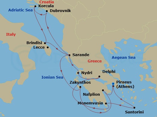 Seabourn Quest - 14 Night - Grecian Gems & Dalmatian Delights - Seabourn Quest - Starting in Piraeus (Athens), Greece, Santorini, Greece, Monemvasia, Greece, Itea (Delphi), Gr.. itinerary map