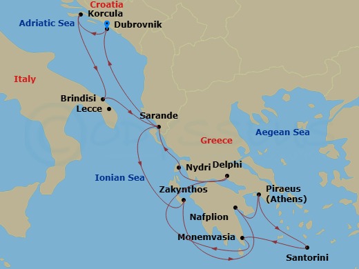 Seabourn Quest - 14 Night - Dalmatian Delights & Grecian Gems - Seabourn Quest - Starting in Dubrovnik, Croatia, Korcula, Croatia, Brindisi (Lecce), Italy, Sarande, Albania, Z.. itinerary map