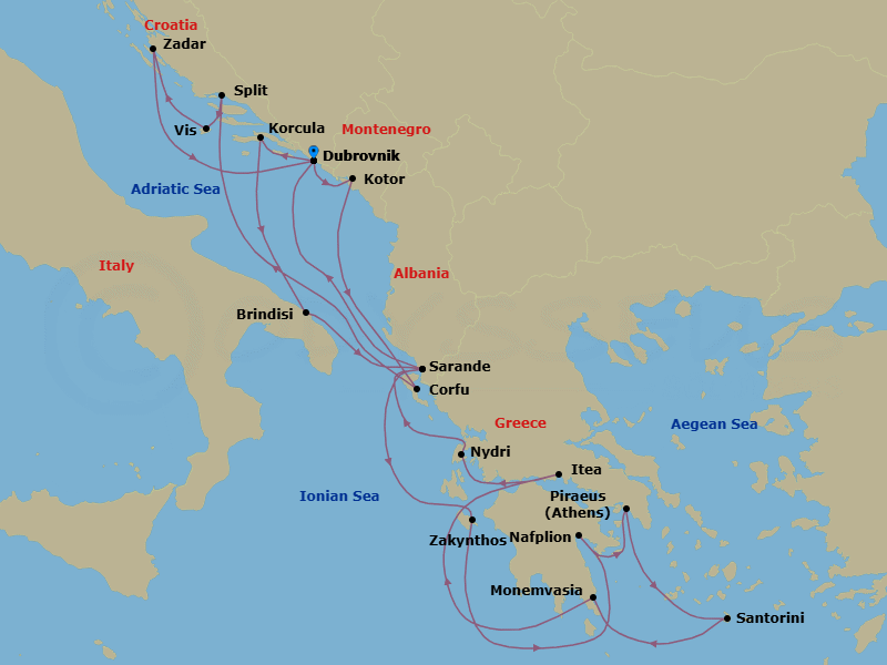 21 Night - Grecian Gems & Dalmatian Coast - Seabourn Quest - Starting in Dubrovnik, Croatia, Kotor, Montenegro, Corfu, Greece, Split, Croatia, Vis Island, Croatia, Zadar, Croatia, Dubrovnik, Croatia, Korcula, Croatia, Brindisi (Lecce), Italy, Sarande, Albania, Zakinthos, Greece, Nafplion, Greece, Piraeus (Athens), Greece, Santorini, Greece, Monemvasia, Greece, Itea (Delphi), Greece, Nydri, Lefkada, Greece, Sarande, Albania, Dubrovnik, Croatia itinerary map