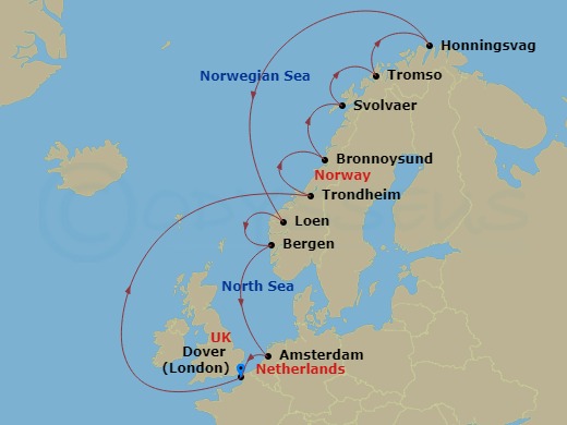 Seabourn Ovation - 14 Night - Midsummer in the Land of the Midnight Sun - Seabourn Ovation - Starting in Dover UK (London), England, Trondheim, Norway, Bronnoysund, Norway, Svol.. itinerary map