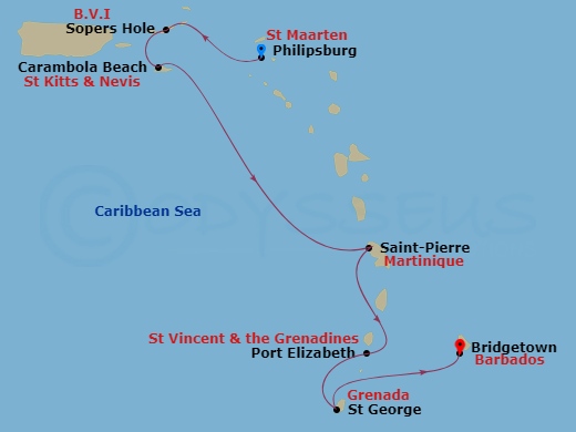 Seabourn Ovation - 7 Night - Yachtsman's Caribbean - Seabourn Ovation - Starting in Philipsburg, Sint Maarten, Sopers Hole (Frenchmans Cay), Carambola Beach, Saint Kitts and Nev.. itinerary map