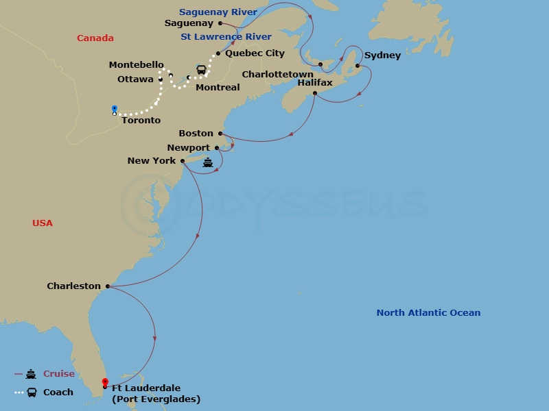 Sapphire Princess Cruise Tours - 19 Night - Maple Explorer - Tour 2B - Sapphire Princess Cruise Tours - Starting in Toronto, Canada, Ottawa, Canada, Montebello, Canada, Montreal, Canada, Queb.. itinerary map