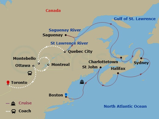 Sapphire Princess Cruise Tours - 15 Night - Maple Explorer - Tour 2D - Sapphire Princess Cruise Tours - Starting in Boston, Massachusetts, Saint John NB (Bay of Fundy), Halifax, Canada, Sydne.. itinerary map