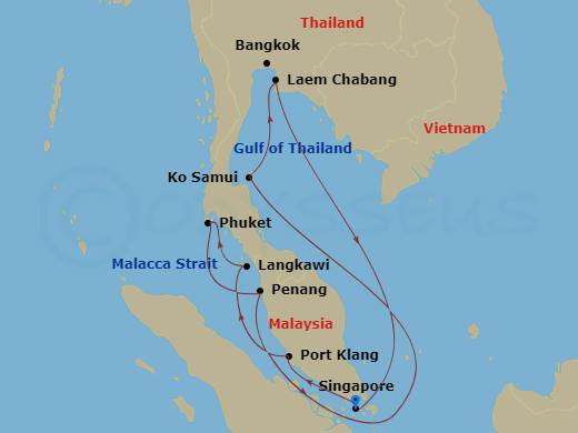 Diamond Princess - 11 Night - Malaysia & Thailand - Diamond Princess - Starting in Singapore, Kuala Lumpur (Port Kelang), Malaysia, Langkawi, Malaysia, Phuket, Thailand, Penang,.. itinerary map
