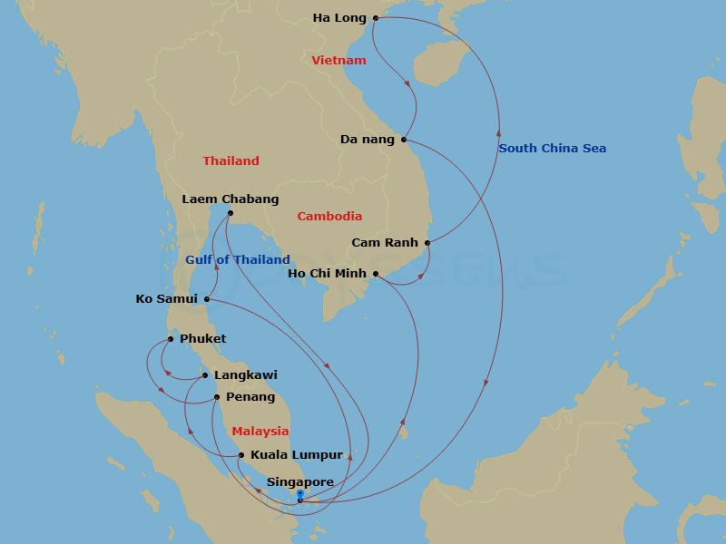 Diamond Princess - 21 Night - Southeast Asia Grand Adventure with Halong Bay - Diamond Princess - Starting in Singapore, Ho Chi Minh City (Phu My), Vietnam, Cam Ranh (Nha Trang).. itinerary map