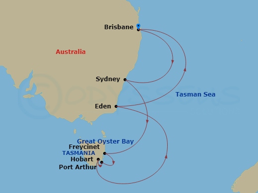 Crown Princess - 10 Night - Australia Roundtrip from Brisbane - Crown Princess - Starting in Brisbane, Australia, Sydney AU, Great Oyster Bay and Freycinet Peninsula (Scenic C.. itinerary map