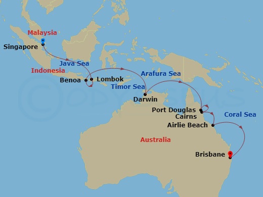 Crown Princess - 16 Night - Asia & Australia - Crown Princess - Starting in Singapore, Lombok, Indonesia, Bali (Benoa), Indonesia, Darwin, Australia, Port Douglas, Australia,.. itinerary map