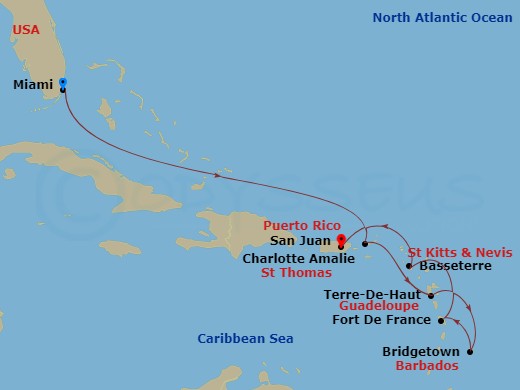 EXPLORA II - 8 Night - A Journey from Miami to San Juan - EXPLORA II - Starting in Miami, Charlotte Amalie (Saint Thomas), Terre-De-Haut, Bridgetown, Fort-de-France, Marti.. itinerary map