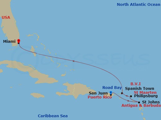 EXPLORA II - 7 Night - A Journey from San Juan to Miami - EXPLORA II - Starting in San Juan, Road Bay, St Johns AG, Antigua, St Maarten / Philipsburg, Spanish Town (Virgin.. itinerary map