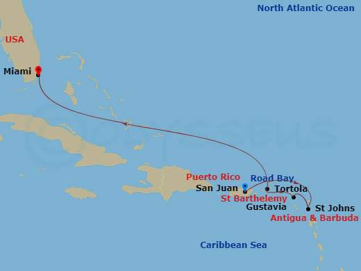 EXPLORA I - 7 Night - A Journey from San Juan to Miami - EXPLORA I - Starting in San Juan, Road Bay, St Johns AG, Antigua, Gustavia, Tortola / Road Town, Miami itinerary map