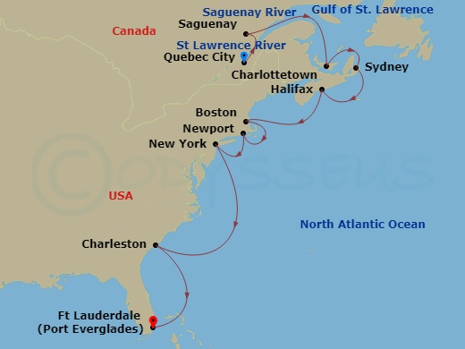 Sapphire Princess - 14 Night - Canada & Colonial America - Sapphire Princess - Starting in Quebec City, Canada, Saguenay, Canada, Charlottetown, Canada, Sydney CA, Halifax, Canad.. itinerary map