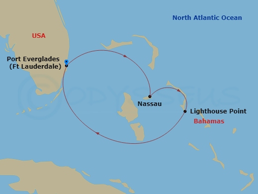 Disney Destiny - 5 Night - Bahamian Cruise from Fort Lauderdale - Disney Destiny - Starting in Port Everglades, Nassau, Disney Lookout Cay, Port Everglades itinerary map