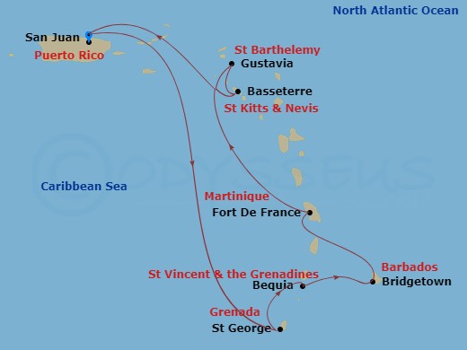 EXPLORA II - 8 Night - A Journey from San Juan to San Juan - EXPLORA II - Starting in San Juan, St Georges, Grenada, Bequia, Bridgetown, Fort-de-France, Martinique, Gustav.. itinerary map