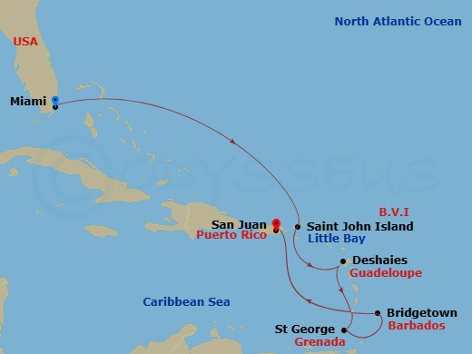 EXPLORA I - 8 Night - A Journey from Miami to San Juan - EXPLORA I - Starting in Miami, St John VI (Cruz Bay), US Virgin Islands, Deshaies, St Georges, Grenada, Bridgetow.. itinerary map