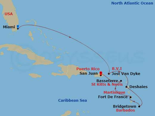 EXPLORA I - 8 Night - A Journey from Miami to San Juan - EXPLORA I - Starting in Miami, New Year Fireworks Sju, Jost Van Dyke, Deshaies, Bridgetown, Fort-de-France, Marti.. itinerary map
