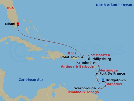 EXPLORA I - 8 Night - A Journey from Bridgetown to Miami - EXPLORA I - Starting in Bridgetown, Tobago / Scarborough, Fort-de-France, Martinique, St Johns AG, Antigua, St.. itinerary map