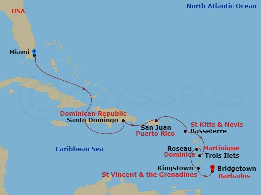 EXPLORA I - 9 Night - A Journey from Miami to Bridgetown - EXPLORA I - Starting in Miami, La Romana, San Juan, Basseterre, Les Trois-Ilets, Bequia, Kingstown, Bridgetown itinerary map