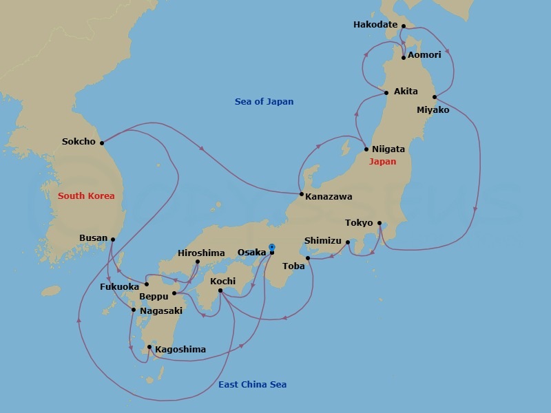 24 Night - Autumn Reverie : Japan's Hidden Gems - Seabourn Encore - Starting in Osaka, Japan, Kochi, Japan, Scenic Cruising Kanmon Straits, Sokcho, South Korea, Kanazawa, Japan, Niigata, Japan, Akita, Japan, Aomori, Japan, Hakodate, Japan, Miyako, Japan, Tokyo, Japan, Shimizu, Japan, Toba, Japan, Kochi, Japan, Beppu, Japan, Hiroshima, Japan, Scenic Cruising Kanmon Straits, Fukuoka (Hakata), Japan, Busan (Pusan), South Korea, Nagasaki, Japan, Kagoshima, Japan, Osaka, Japan itinerary map