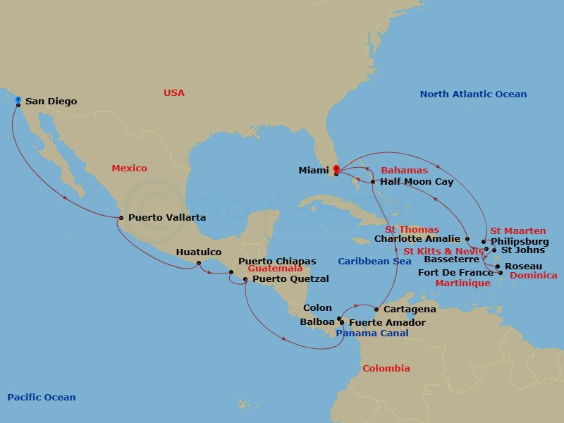 HAL Zuiderdam - 26 Night - Panama Canal & Eastern Caribbean - HAL Zuiderdam - Starting in San Diego, California, Puerto Vallarta, Mexico, Huatulco, Mexico, Puerto Chiapas, Me.. itinerary map