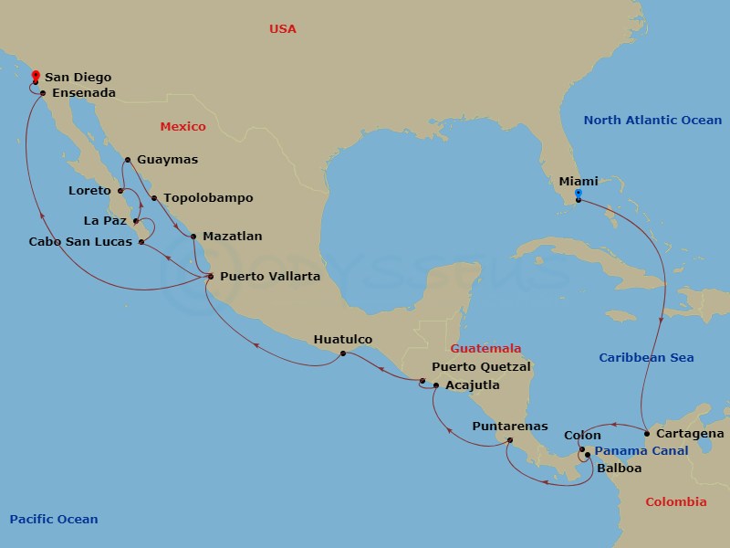HAL Zuiderdam - 27 Night - Panama Canal & Historic Sea of Cortez - HAL Zuiderdam - Starting in Miami, Florida, Cartagena CO, Enter Panama Canal Cristobal, Cruising Panama Can.. itinerary map