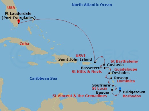 Silver Spirit - 10 Night - Bridgetown to Fort Lauderdale - Silver Spirit - Starting in Bridgetown, Bequia, Castries, St Lucia, Roseau, Deshaies, St Kitts (Basseterre), Spanis.. itinerary map