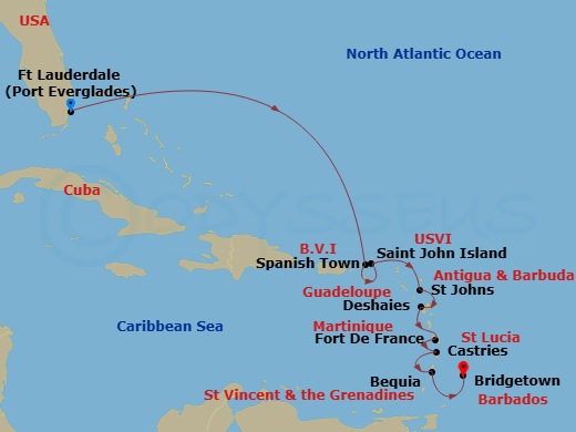 Silver Spirit - 10 Night - Fort Lauderdale to Bridgetown - Silver Spirit - Starting in Fort Lauderdale, Florida, Spanish Town, St John VI, St Johns, Deshaies, Fort-de-France,.. itinerary map