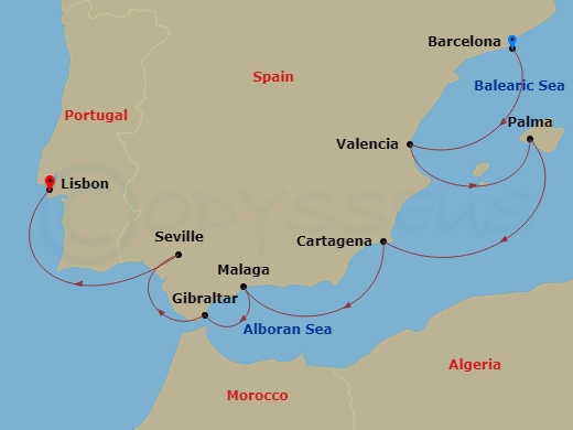 Azamara Journey - 10 Night - Spain Intensive Cruise : Valencia, Malaga & Seville - Azamara Journey - Starting in Barcelona, Valencia, Palma, Majorca, Cartagena ES, Malaga, Gibr.. itinerary map